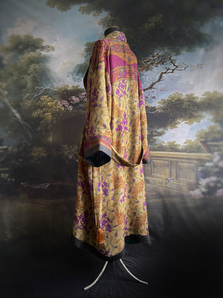 Lavender, sage green and saffron fine wool dressing robe with silk lining and tassel sash. Bohemian style created from vintage textiles by Pavilion Parade 