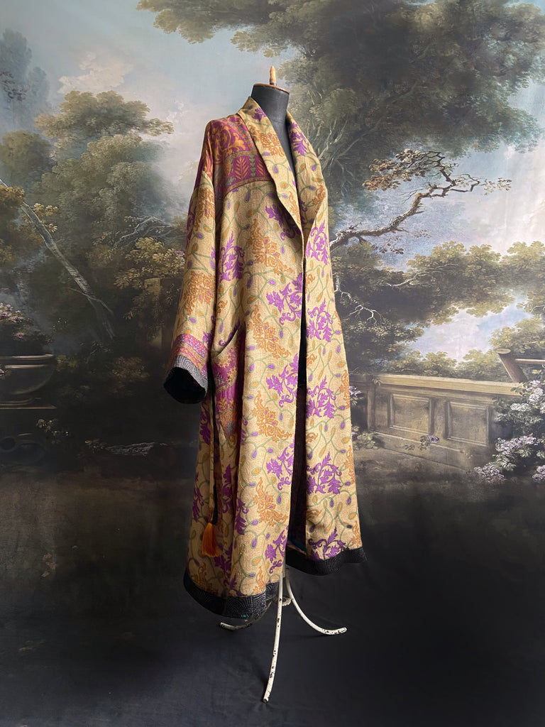 Lavender, sage green and saffron fine wool dressing robe with silk lining and tassel sash. Bohemian style created from vintage textiles by Pavilion Parade 