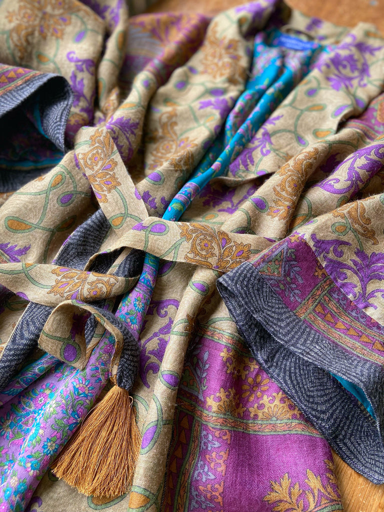 Lavender, sage green and saffron fine wool dressing robe with silk lining and tassel sash. Bohemian style created from vintage textiles by Pavilion Parade 