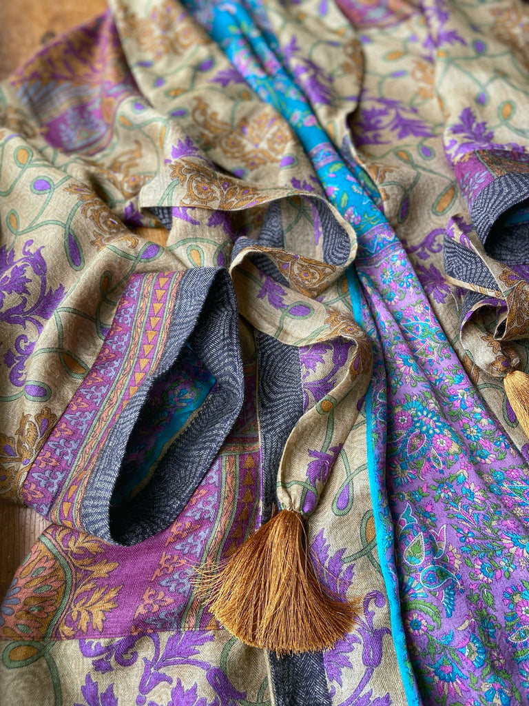 Lavender, sage green and saffron fine wool dressing robe with silk lining and tassel sash. Bohemian style created from vintage textiles by Pavilion Parade 