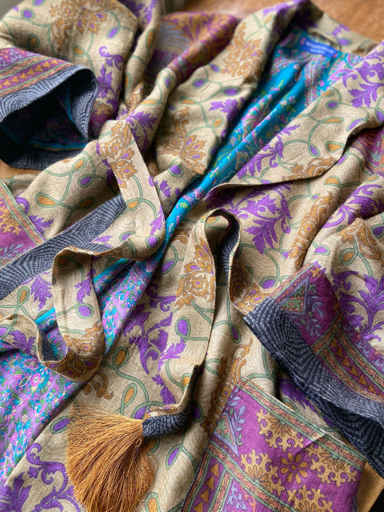 Lavender, sage green and saffron fine wool dressing robe with silk lining and tassel sash. Bohemian style created from vintage textiles by Pavilion Parade 