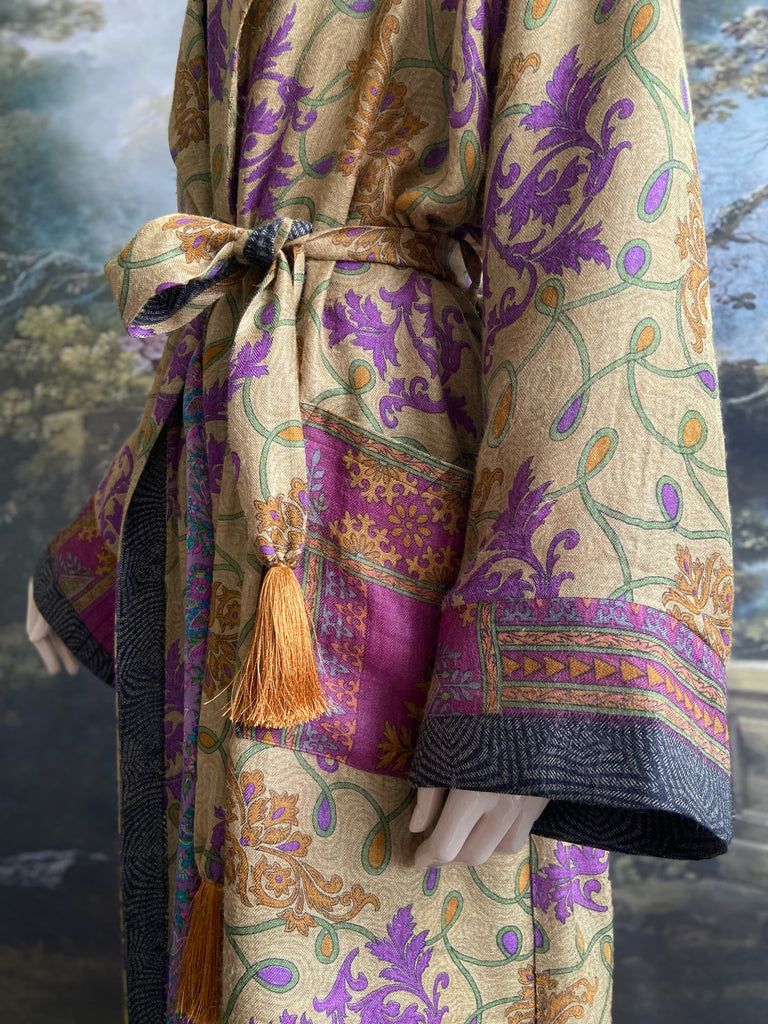 Lavender, sage green and saffron fine wool dressing robe with silk lining and tassel sash. Bohemian style created from vintage textiles by Pavilion Parade 