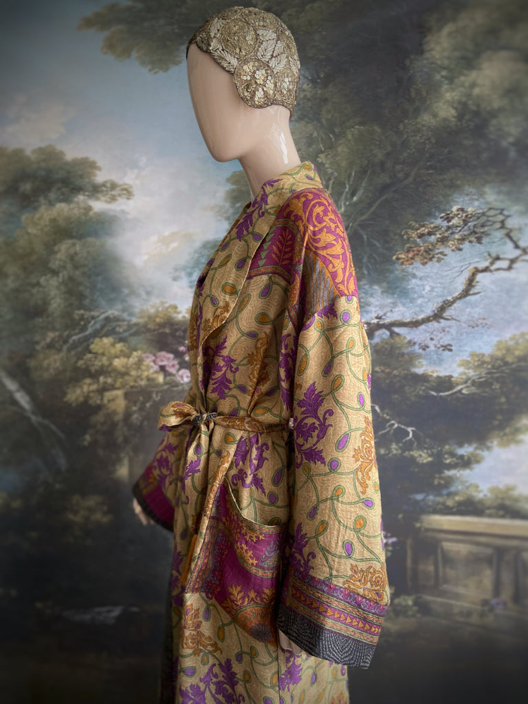 Lavender, sage green and saffron fine wool dressing robe with silk lining and tassel sash. Bohemian style created from vintage textiles by Pavilion Parade 