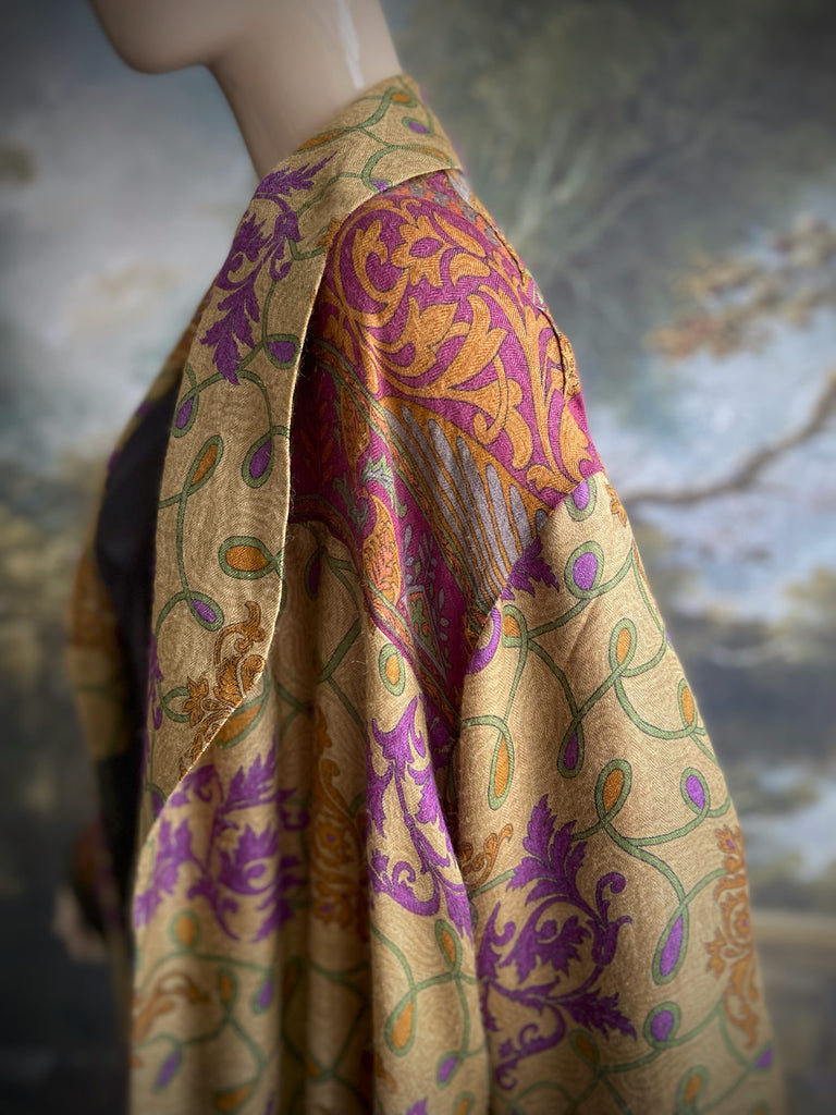 Lavender, sage green and saffron fine wool dressing robe with silk lining and tassel sash. Bohemian style created from vintage textiles by Pavilion Parade 