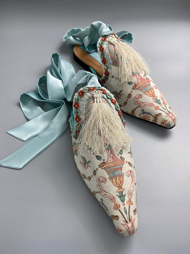 Sky blue and ivory French toile pointed toe shoes created from antique textiles by Pavilion Parade