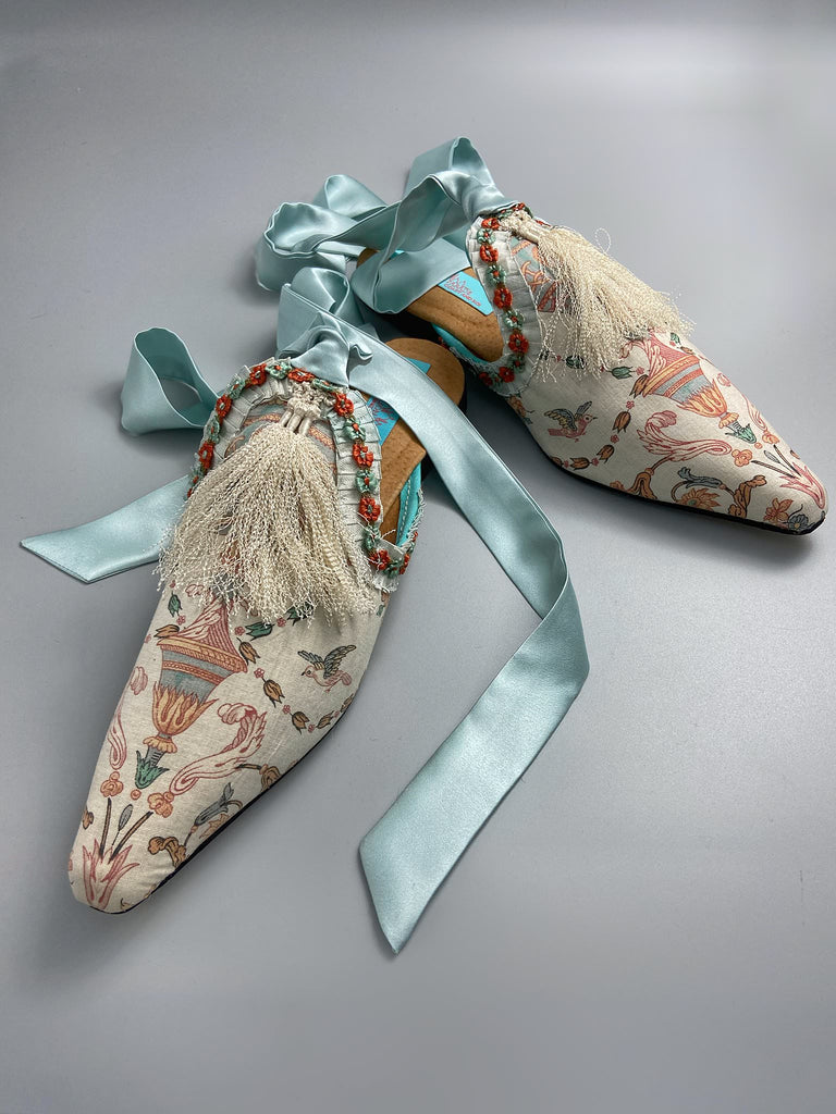 Sky blue and ivory French toile pointed toe shoes created from antique textiles by Pavilion Parade