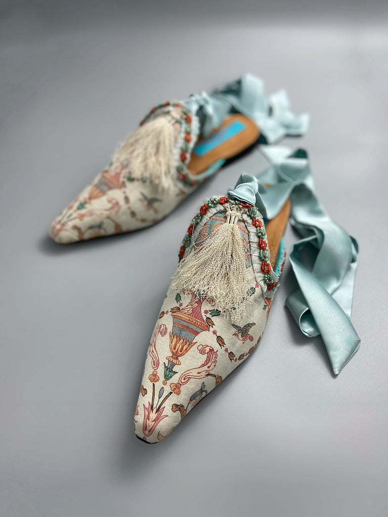 Sky blue and ivory French toile pointed toe shoes created from antique textiles by Pavilion Parade