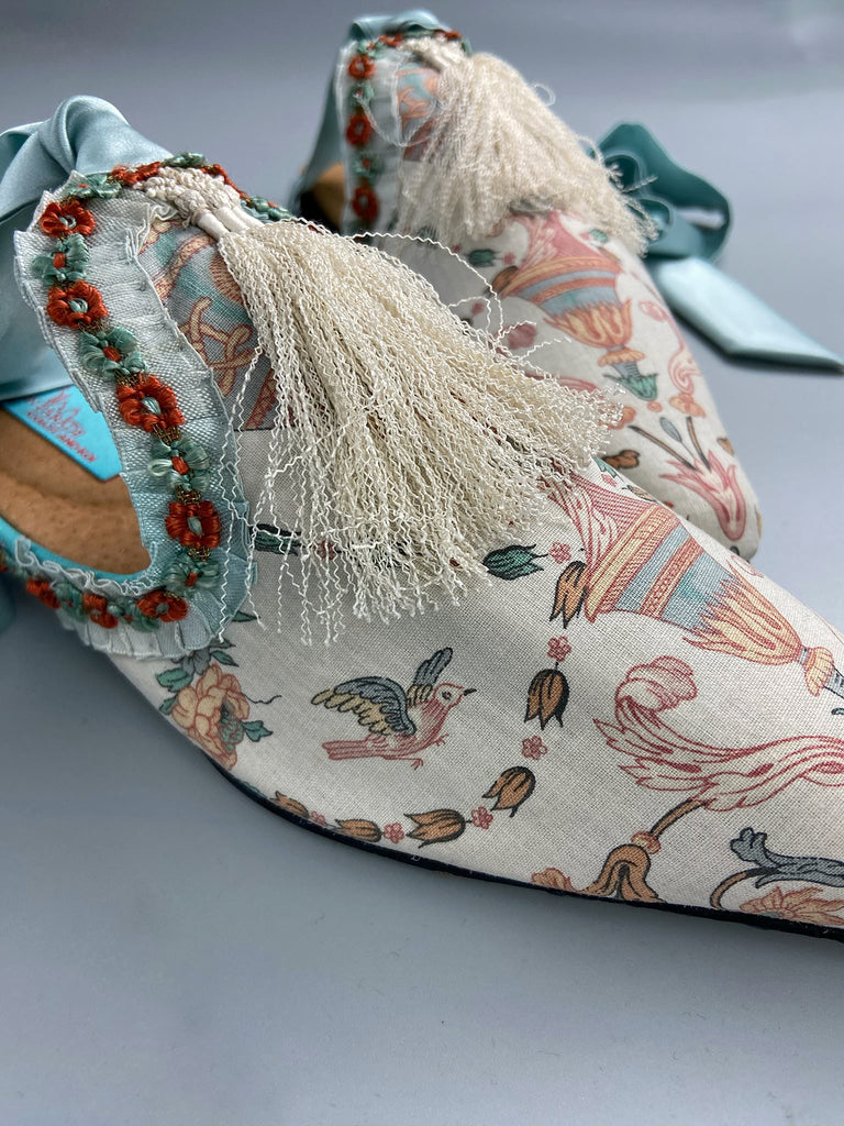 Sky blue and ivory French toile pointed toe shoes created from antique textiles by Pavilion Parade