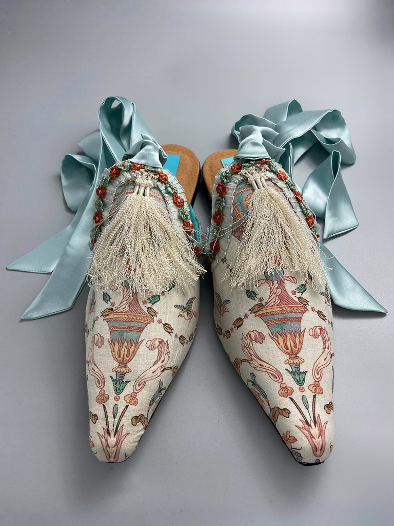 Sky blue and ivory French toile pointed toe shoes created from antique textiles by Pavilion Parade