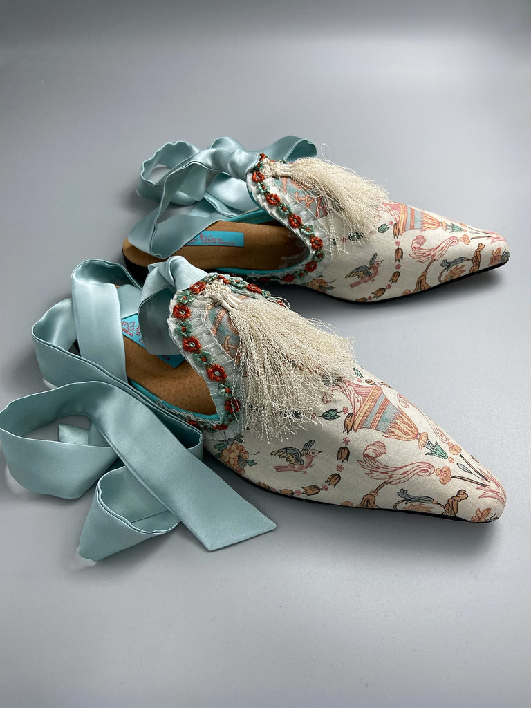 Sky blue and ivory French toile pointed toe shoes created from antique textiles by Pavilion Parade