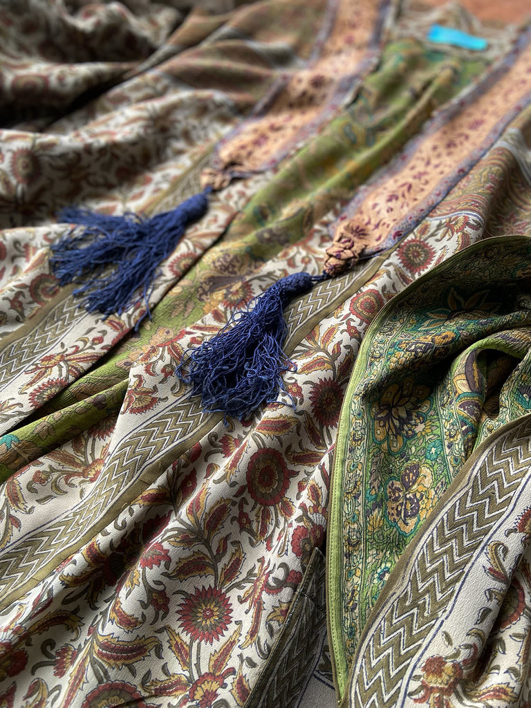 Full length 1920s inspired kimono robe with large patch pockets. Newly created from a rust, olive green and sage vintage silk crepe. Fully lined in silk with French seams throughout. Bohemian styles sustainably created from antique and vintage textiles by the Pavilion Parade studio.