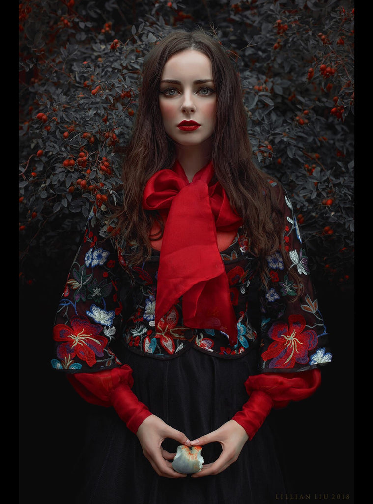 Frida Kahlo inspired embroidered silk and tulle bodice jacket with picture neckline and pagoda sleeves. Vivid black, red, green and blue floral. Flight of fancy from the Pavilion Parade studio. 
