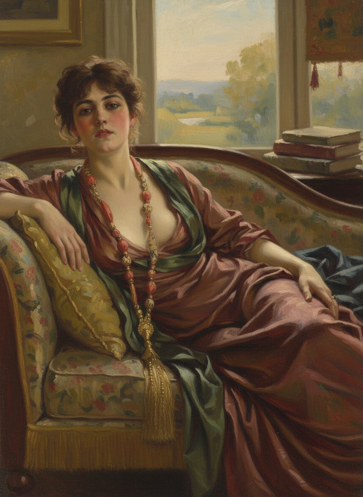 Aesthetic Movement inspired long silk sautoir necklace with antique gold bullion tassel embellishment. Bohemian style created from antique and vintage textiles by Pavilion Parade. Painterly inspired artistic interpretation created using AI with prompts from Pavilion Parade to show real life sautoir being ‘worn’