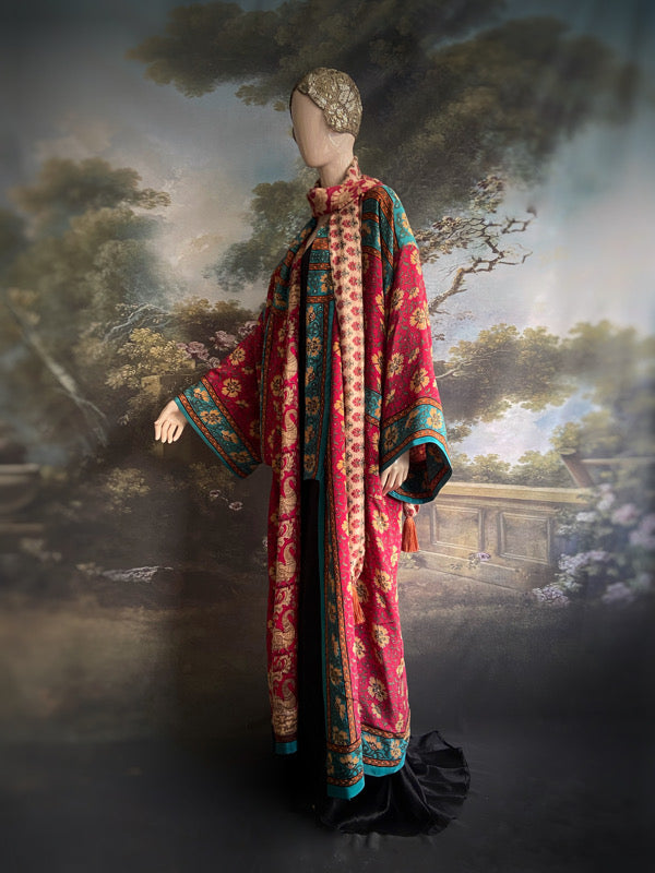 1920s inspired silk kimono robe created from vintage teal, ochre and carmine red silk crepe. Unique bohemian designs from the Pavilion Parade studio.