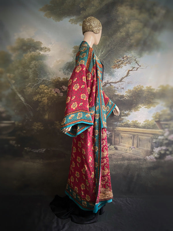 1920s inspired silk kimono robe created from vintage teal, ochre and carmine red silk crepe. Unique bohemian designs from the Pavilion Parade studio.