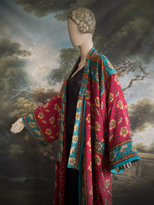 1920s inspired silk kimono robe created from vintage teal, ochre and carmine red silk crepe. Unique bohemian designs from the Pavilion Parade studio.