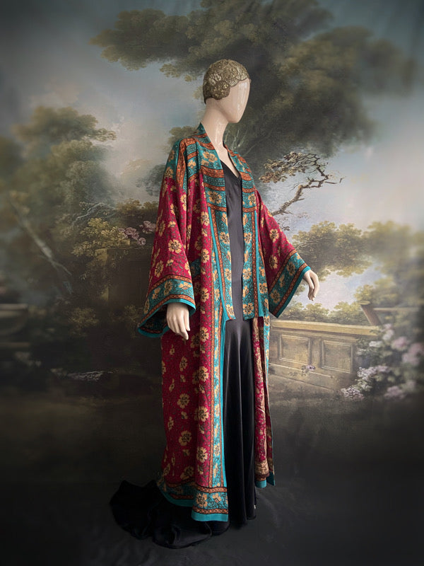 1920s inspired silk kimono robe created from vintage teal, ochre and carmine red silk crepe. Unique bohemian designs from the Pavilion Parade studio.