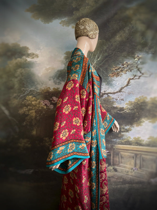 1920s inspired silk kimono robe created from vintage teal, ochre and carmine red silk crepe. Unique bohemian designs from the Pavilion Parade studio.