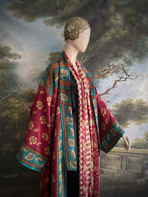 1920s inspired silk kimono robe created from vintage teal, ochre and carmine red silk crepe. Unique bohemian designs from the Pavilion Parade studio.