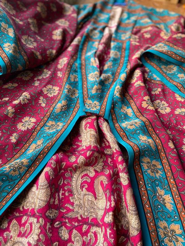1920s inspired silk kimono robe created from vintage teal, ochre and carmine red silk crepe. Unique bohemian designs from the Pavilion Parade studio.