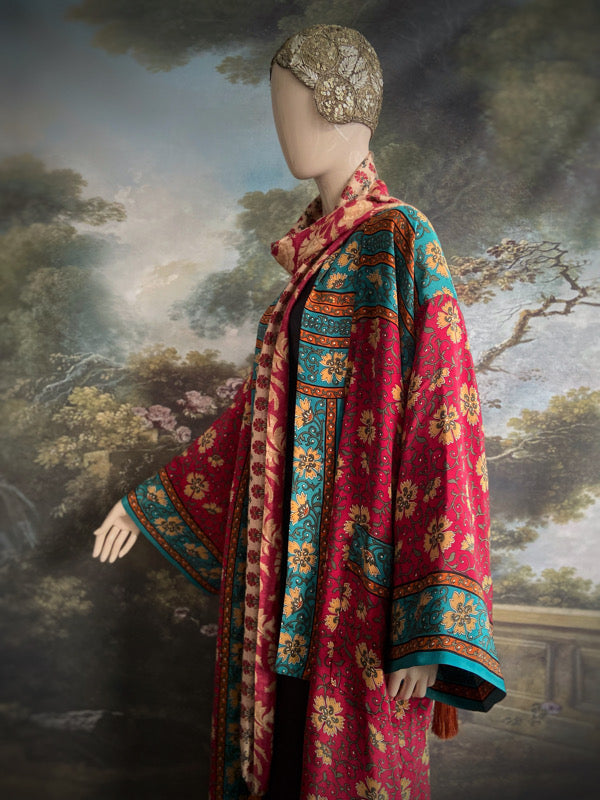 1920s inspired silk kimono robe created from vintage teal, ochre and carmine red silk crepe. Unique bohemian designs from the Pavilion Parade studio.