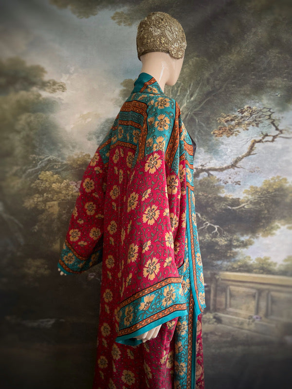 1920s inspired silk kimono robe created from vintage teal, ochre and carmine red silk crepe. Unique bohemian designs from the Pavilion Parade studio.