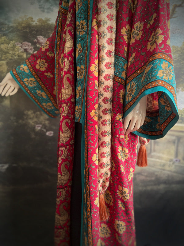 1920s inspired silk kimono robe created from vintage teal, ochre and carmine red silk crepe. Unique bohemian designs from the Pavilion Parade studio.