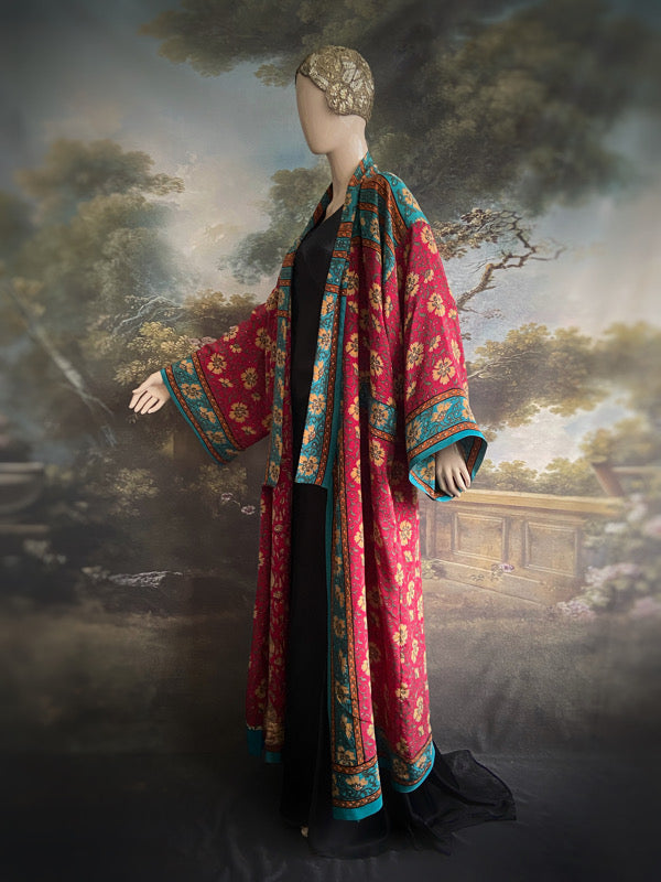 1920s inspired silk kimono robe created from vintage teal, ochre and carmine red silk crepe. Unique bohemian designs from the Pavilion Parade studio.