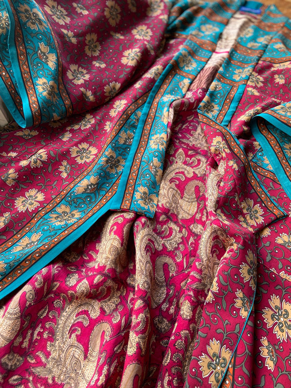 1920s inspired silk kimono robe created from vintage teal, ochre and carmine red silk crepe. Unique bohemian designs from the Pavilion Parade studio.