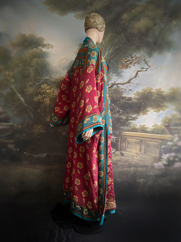1920s inspired silk kimono robe created from vintage teal, ochre and carmine red silk crepe. Unique bohemian designs from the Pavilion Parade studio.