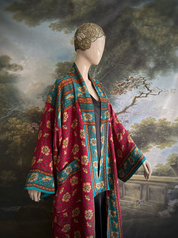 1920s inspired silk kimono robe created from vintage teal, ochre and carmine red silk crepe. Unique bohemian designs from the Pavilion Parade studio.