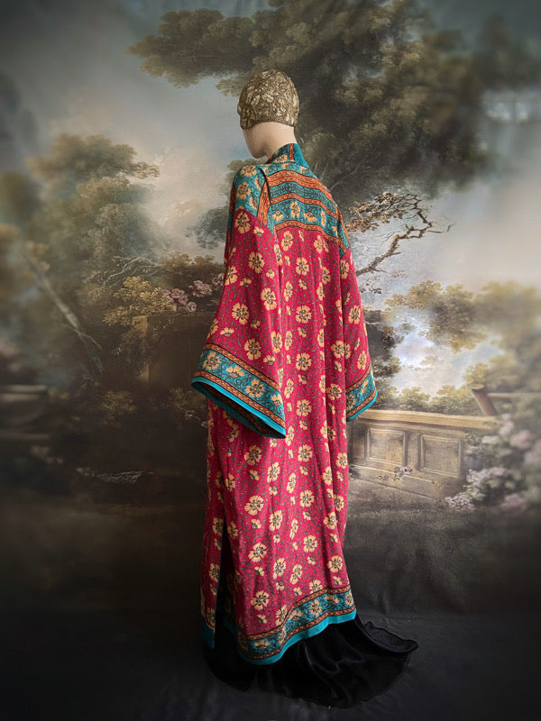 1920s inspired silk kimono robe created from vintage teal, ochre and carmine red silk crepe. Unique bohemian designs from the Pavilion Parade studio.