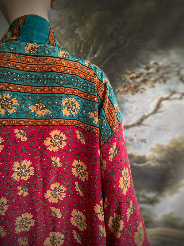 1920s inspired silk kimono robe created from vintage teal, ochre and carmine red silk crepe. Unique bohemian designs from the Pavilion Parade studio.