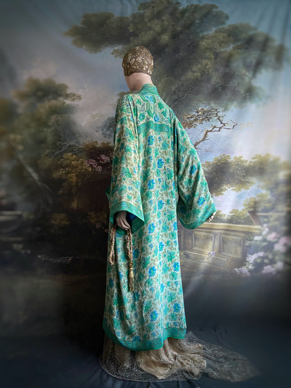 1920s inspired silk kimono robe created from vintage ivory, turquoise and sky blue silk crepe. Unique bohemian designs from the Pavilion Parade studio.