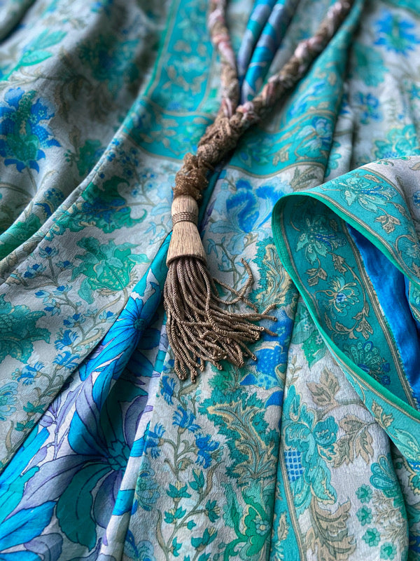 1920s inspired silk kimono robe created from vintage ivory, turquoise and sky blue silk crepe. Unique bohemian designs from the Pavilion Parade studio.