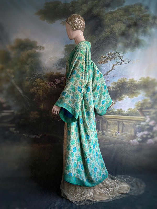 1920s inspired silk kimono robe created from vintage ivory, turquoise and sky blue silk crepe. Unique bohemian designs from the Pavilion Parade studio.