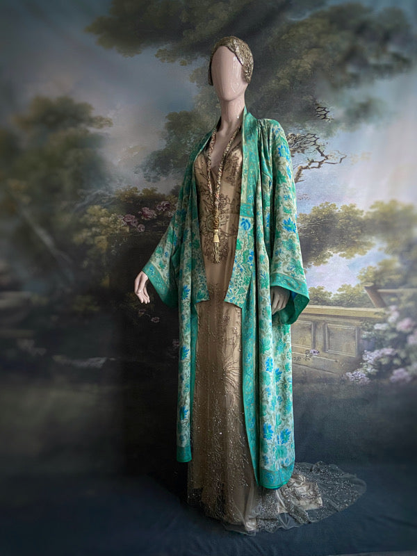 1920s inspired silk kimono robe created from vintage ivory, turquoise and sky blue silk crepe. Unique bohemian designs from the Pavilion Parade studio.