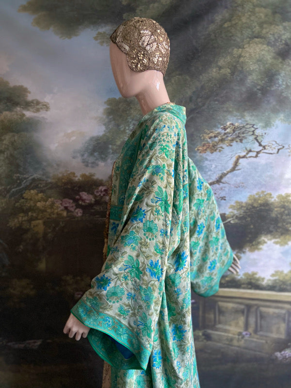 1920s inspired silk kimono robe created from vintage ivory, turquoise and sky blue silk crepe. Unique bohemian designs from the Pavilion Parade studio.