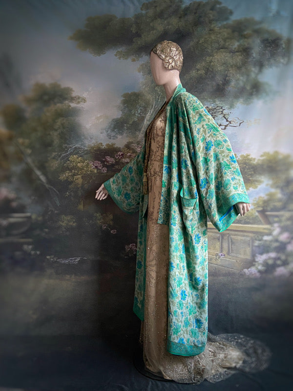 1920s inspired silk kimono robe created from vintage ivory, turquoise and sky blue silk crepe. Unique bohemian designs from the Pavilion Parade studio.