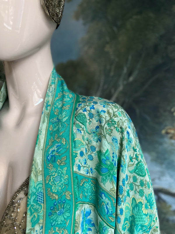 1920s inspired silk kimono robe created from vintage ivory, turquoise and sky blue silk crepe. Unique bohemian designs from the Pavilion Parade studio.