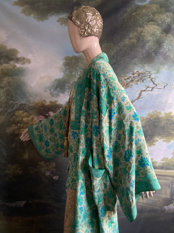 1920s inspired silk kimono robe created from vintage ivory, turquoise and sky blue silk crepe. Unique bohemian designs from the Pavilion Parade studio.