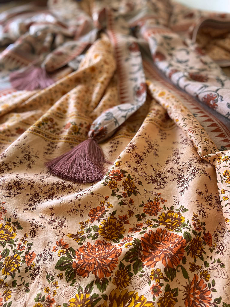 Pale peach blush and cinnamon fine wool and silk robe with wide sleeves, patch pockets and tassel sash. Bohemian style created from antique and vintage textiles by the Pavilion Parade Studio