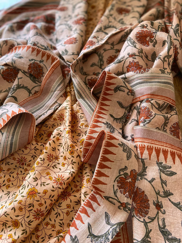 Pale peach blush and cinnamon fine wool and silk robe with wide sleeves, patch pockets and tassel sash. Bohemian style created from antique and vintage textiles by the Pavilion Parade Studio