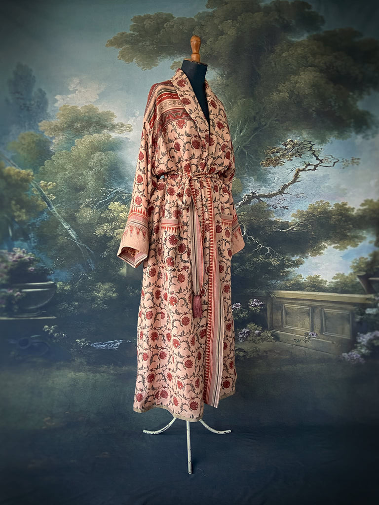 Pale peach blush and cinnamon fine wool and silk robe with wide sleeves, patch pockets and tassel sash. Bohemian style created from antique and vintage textiles by the Pavilion Parade Studio