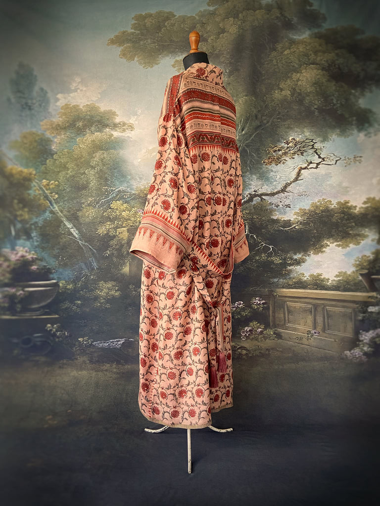 Pale peach blush and cinnamon fine wool and silk robe with wide sleeves, patch pockets and tassel sash. Bohemian style created from antique and vintage textiles by the Pavilion Parade Studio