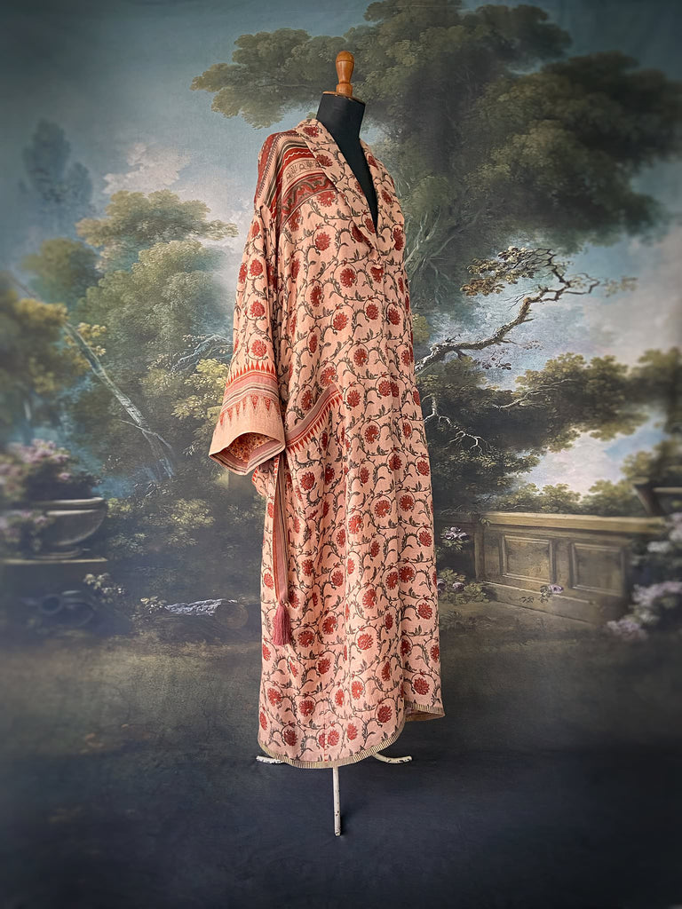 Pale peach blush and cinnamon fine wool and silk robe with wide sleeves, patch pockets and tassel sash. Bohemian style created from antique and vintage textiles by the Pavilion Parade Studio