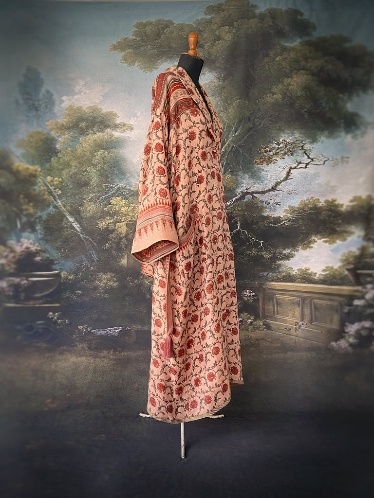 Pale peach blush and cinnamon fine wool and silk robe with wide sleeves, patch pockets and tassel sash. Bohemian style created from antique and vintage textiles by the Pavilion Parade Studio