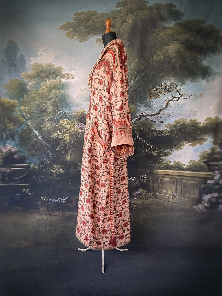 Pale peach blush and cinnamon fine wool and silk robe with wide sleeves, patch pockets and tassel sash. Bohemian style created from antique and vintage textiles by the Pavilion Parade Studio
