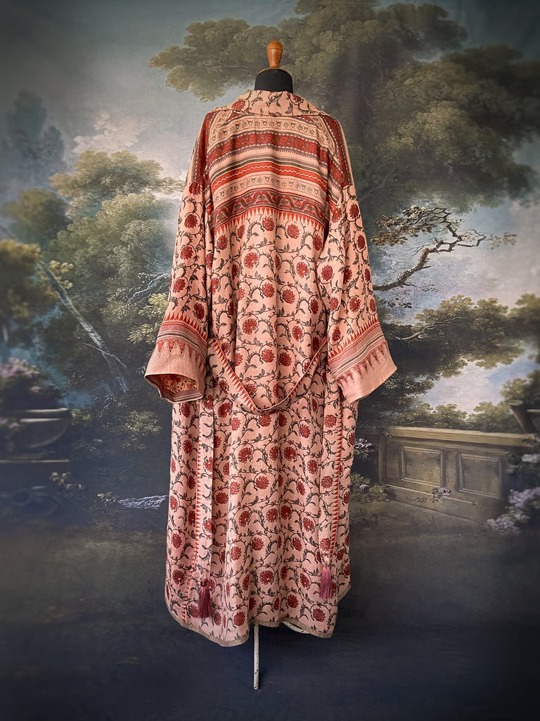 Pale peach blush and cinnamon fine wool and silk robe with wide sleeves, patch pockets and tassel sash. Bohemian style created from antique and vintage textiles by the Pavilion Parade Studio