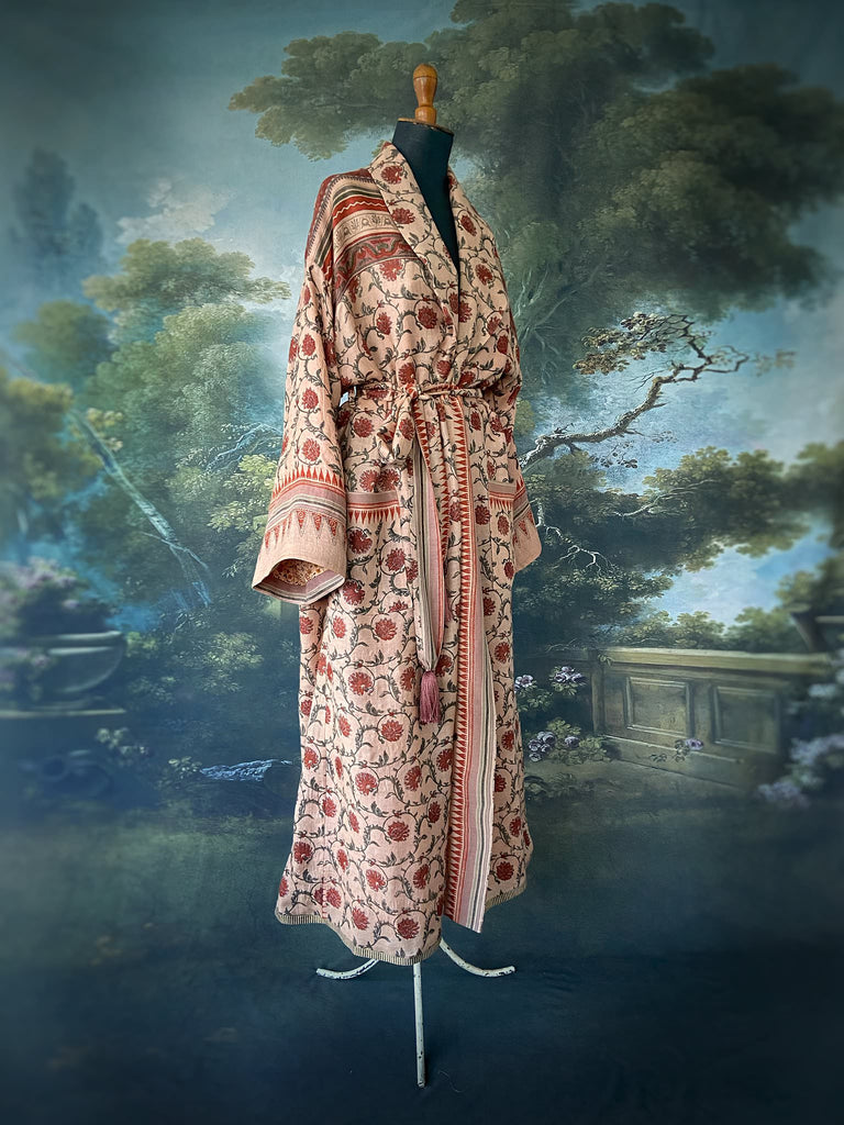 Pale peach blush and cinnamon fine wool and silk robe with wide sleeves, patch pockets and tassel sash. Bohemian style created from antique and vintage textiles by the Pavilion Parade Studio